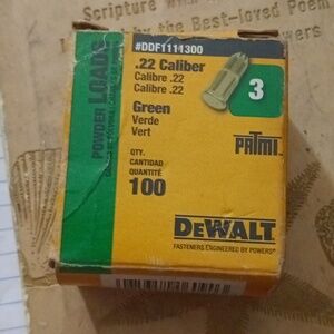 DEWALT .22 CALIBER, BRASS 3, GREEN POWER LOADS, 100 Pack DDF1111300